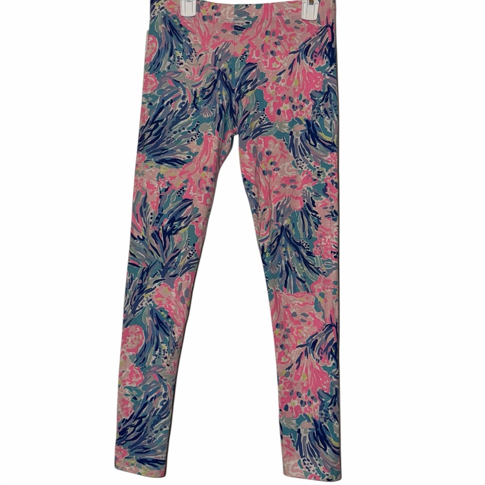 Lilly Pulitzer Pink Floral & Blue Leaf Print seashell Leggings girls sz XL